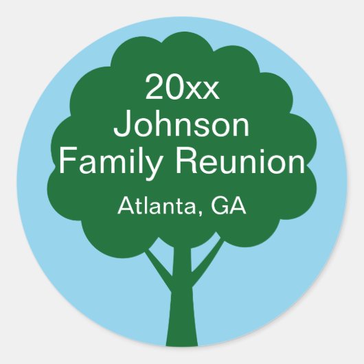 Family Reunion Souvenir with Name, Tree & Year Ronde Sticker (Voorkant)