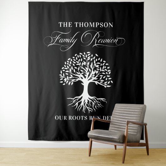 Family reunion tree backdrop banner black wandkleed (In situ)