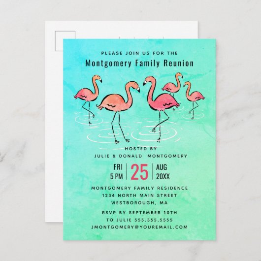 - Family Reunion Tropische Waterverf Flamingo Uitnodiging Briefkaart (Voorkant / Achterkant)