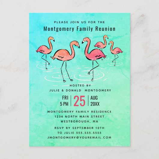 - Family Reunion Tropische Waterverf Flamingo Uitnodiging Briefkaart (Voorkant)