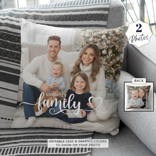 Family Script Photo Heart Name Custom Color Kussen (Creator heeft geüpload)