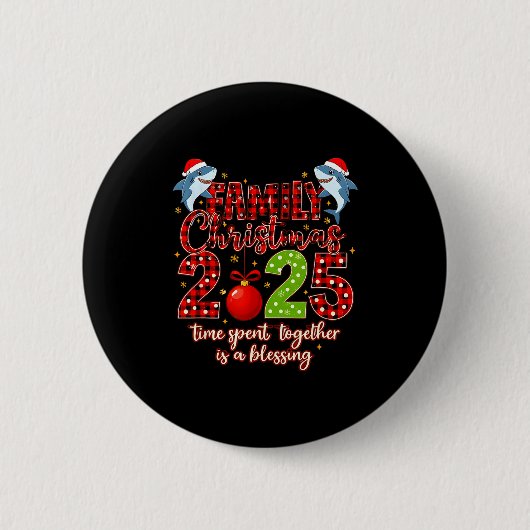 Family Shark Christmas 2025 Santa Merry Time Spent Ronde Button 5,7 Cm (Voorkant)