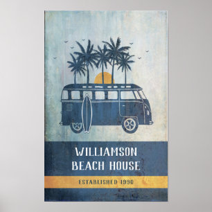 Family Summer Beach House Retro Van Monogrammed Poster