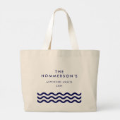 Family Summer Vacation Navy Blue Nautical Waves Grote Tote Bag (Achterkant)