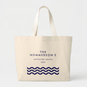 Family Summer Vacation Navy Blue Nautical Waves Grote Tote Bag (Voorkant)