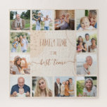 Family Time Quote Organic Shapes 12 Photo Legpuzzel<br><div class="desc">Creëer uw eigen fotopuzzel met 12 favoriete afbeeldingen. Het trendy abstracte ontwerp van organische vormen, borstelslagen en splatters heeft een neutraal kleurenpalet in schaduwen van roombeige zand en koper. Het wordt geletterd met de formulering "de familietijd is de beste tijd" in een schemerige lettertypetype en elegant handgeschreven script. Een mooi...</div>
