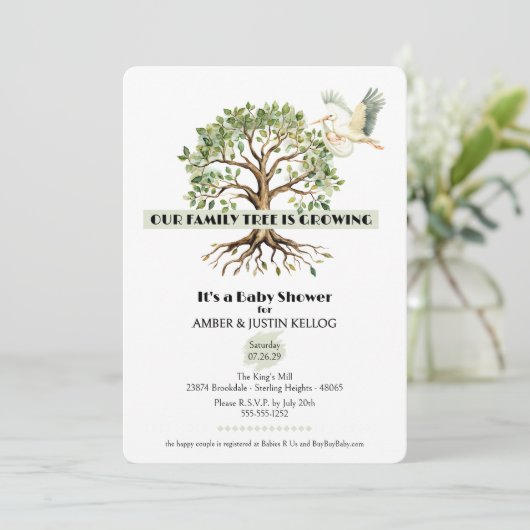 Family Tree Stork Baby shower Uitnodiging (Staand voorkant)