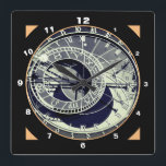 Famous Orloj & Astronomical Clock Prague / Czechia Vierkante Klok<br><div class="desc">WALL CLOCK: Prague & famous Astronomical Clock - part of Prague's clock tower called "Orloj" located in a heart of the Old Town Square. Vintage fashion design featuring antique coloured print technique. Zodiac signs ring near the center,  with sun & moon orbiting. Original Photography/Art/Design by work4dream.</div>