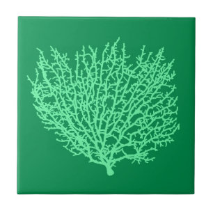 Fan Coral Print, Bleek groen op Deep Jade Green Tegeltje