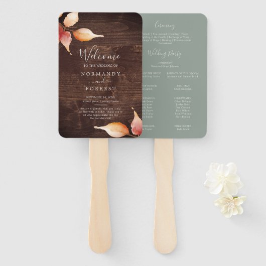 Fan Fall Leaves Rustic Brown Wood Wedding Programm Handwaaier (Voorkant en achterkant)