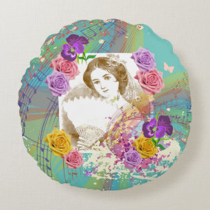 Fan Lady Music & Flowers Blauwgroen Round Pillow Rond Kussen
