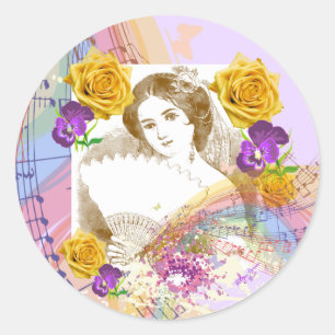 Fan Lady Music & Flowers Round Stickers