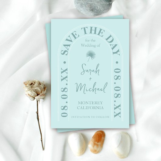 Fan Palm Leaf Tropical Bright Summer Save the Date Kaart