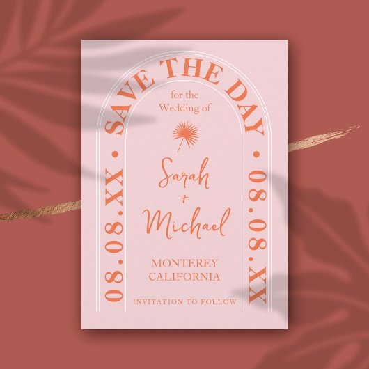 Fan Palm Leaf Tropical Bright Summer Save the Date Kaart