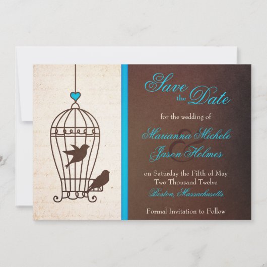 Fanciful Bird Cage Blauwgroen & Chocolate Save the Date (Voorkant)