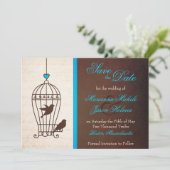 Fanciful Bird Cage Blauwgroen & Chocolate Save the Date (Staand voorkant)