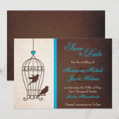 Fanciful Bird Cage Blauwgroen & Chocolate Save the Date (Voorkant / Achterkant)