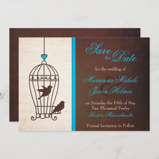 Fanciful Bird Cage Blauwgroen & Chocolate Save the Save The Date (Voorkant / Achterkant)