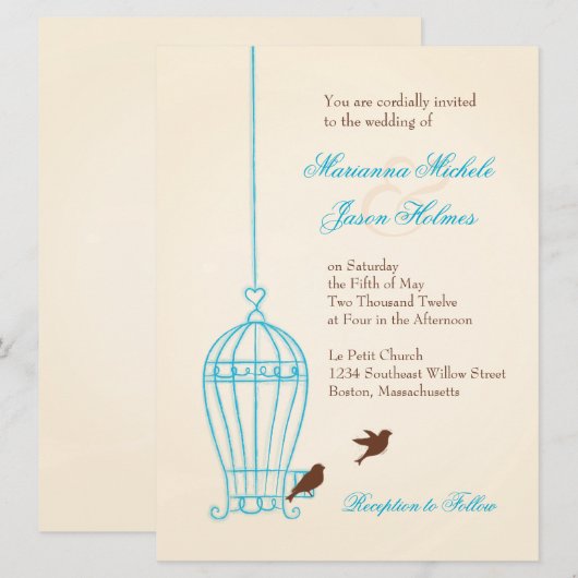 Fanciful Bird Cage Blauwgroen & Chocolate Weddensc Kaart (Voorkant / Achterkant)