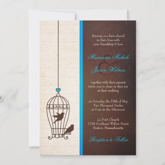 Fanciful Bird Cage - Blauwgroen en Chocoladehuweli Kaart (Voorkant)