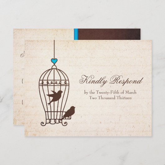 Fanciful Bird Cage - Chocolate & Blauwgroen Weddin Uitnodiging Briefkaart (Voorkant / Achterkant)