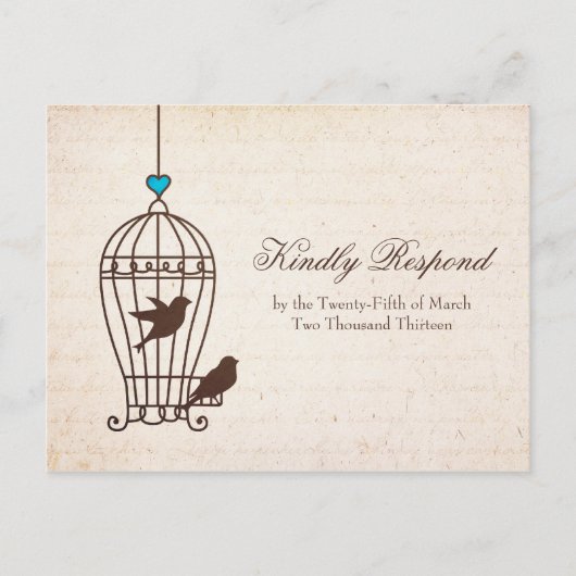 Fanciful Bird Cage - Chocolate & Blauwgroen Weddin Uitnodiging Briefkaart (Voorkant)