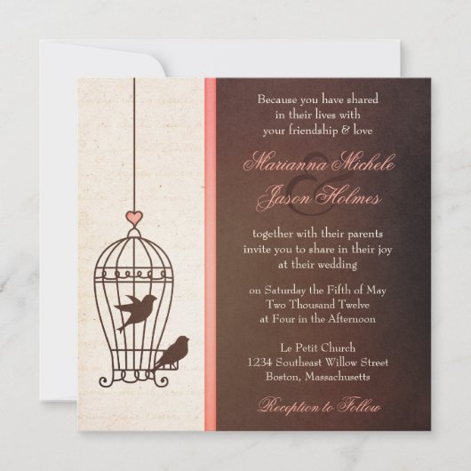 Fanciful Bird Cage - Chocolate & Pink Wedding Kaart (Voorkant)