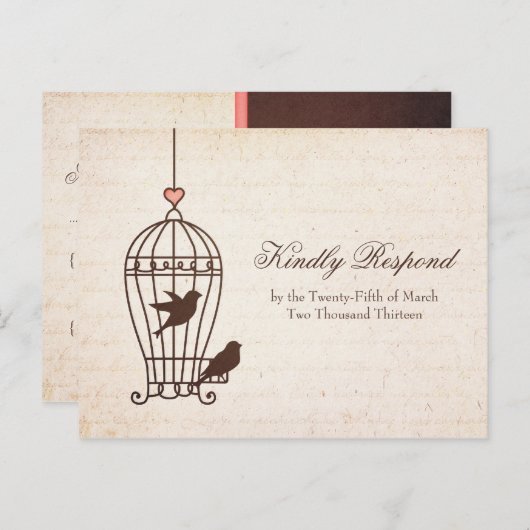 Fanciful Bird Cage - Chocolate & Pink Wedding RSVP Uitnodiging Briefkaart (Voorkant / Achterkant)