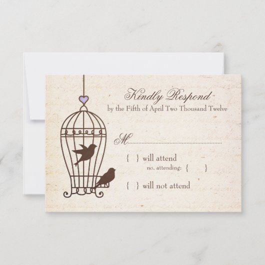 Fanciful Bird Cage Lavender & Brown Wedding RSVP Kaartje (Voorkant)