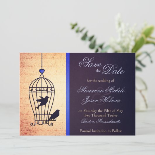 Fanciful Bird Cage met Blue Ribbon Save the Date (Staand voorkant)