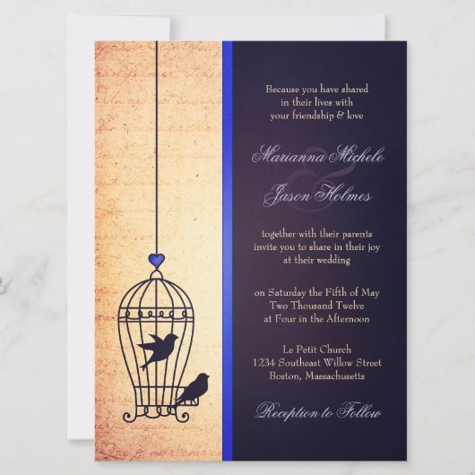Fanciful Bird Cage met Blue Ribbon Wedding Kaart (Voorkant)