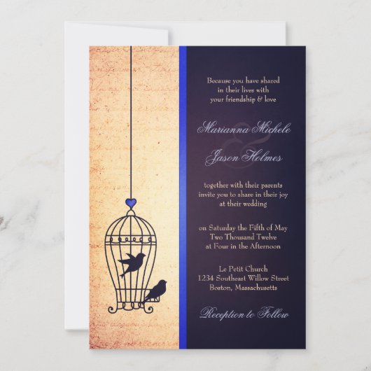 Fanciful Bird Cage met Blue Ribbon Wedding Kaart (Voorkant)
