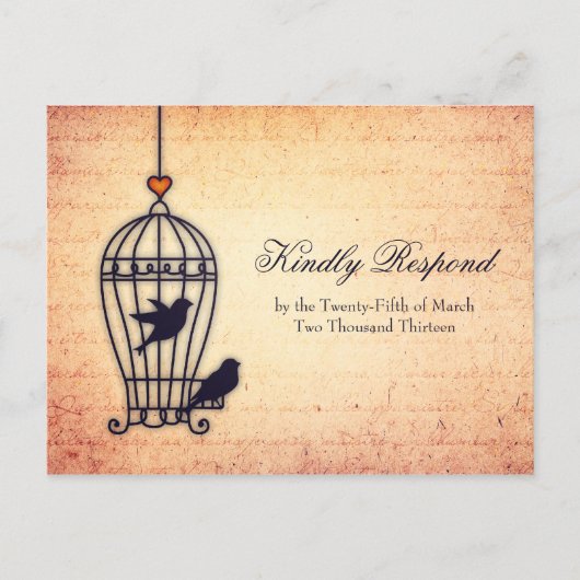Fanciful Bird Cage met Gold Heart Wedding RSVP Uitnodiging Briefkaart (Voorkant)