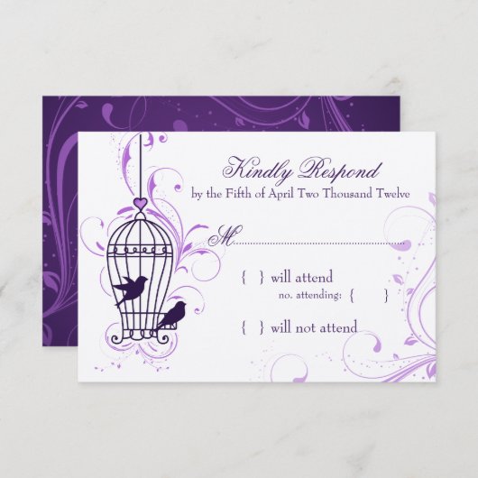Fanciful Bird Cage with Swirls Eggplant RSVP (Voorkant / Achterkant)