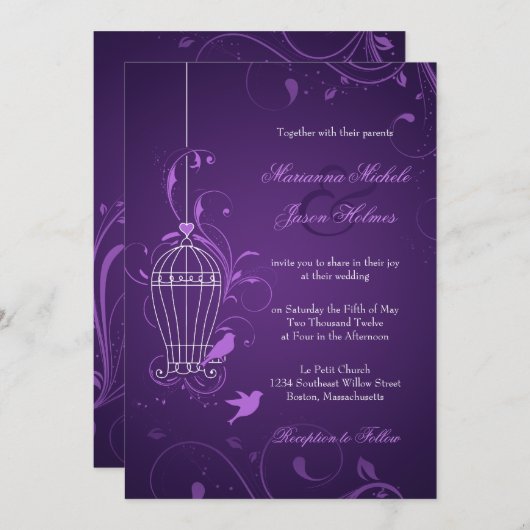 Fanciful Bird Cage with Swirls Eggplant Wedding Kaart (Voorkant / Achterkant)