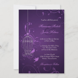 Fanciful Bird Cage with Swirls Eggplant Wedding Kaart