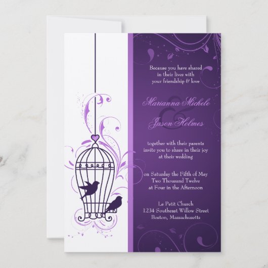 Fanciful Bird Cage with Swirls Eggplant Wedding Kaart (Voorkant)