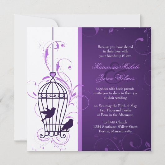 Fanciful Bird Cage with Swirls Eggplant Wedding Kaart (Voorkant)