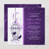 Fanciful Bird Cage with Swirls Eggplant Wedding Kaart (Voorkant / Achterkant)