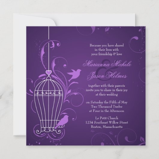 Fanciful Bird Cage with Swirls Eggplant Wedding Kaart (Voorkant)
