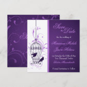 Fanciful Birdcage & Swirls Eggplant Save the Date (Voorkant / Achterkant)