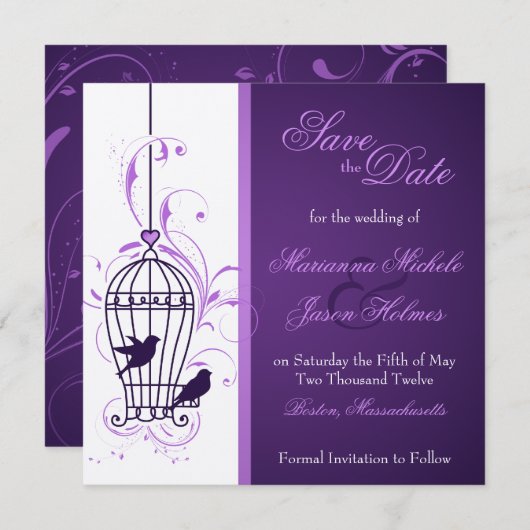 Fanciful Birdcage & Swirls Eggplant Save the Date (Voorkant / Achterkant)