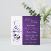 Fanciful Birdcage & Swirls Eggplant Save the Date (Staand voorkant)