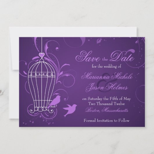 Fanciful Birdcage & Swirls Eggplant Save the Date (Voorkant)
