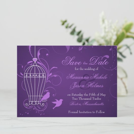 Fanciful Birdcage & Swirls Eggplant Save the Date (Staand voorkant)
