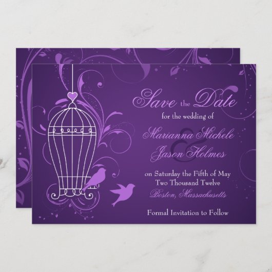 Fanciful Birdcage & Swirls Eggplant Save the Date (Voorkant / Achterkant)