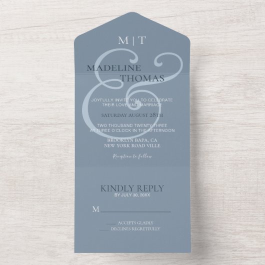 Fanciful Dusty Blue Ampersand Calligraphy Wedding All In One Uitnodiging (Binnen)