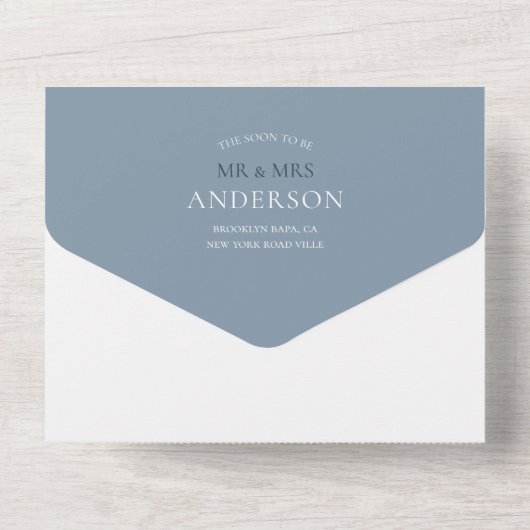 Fanciful Dusty Blue Ampersand Calligraphy Wedding All In One Uitnodiging (Achterkant)