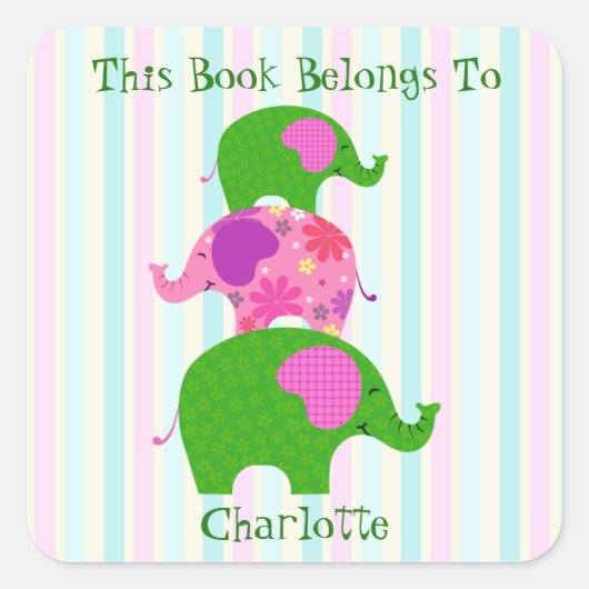 Fanciful Green & Pink Elephants Bookplate Sticker (Voorkant)