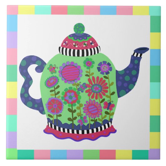 Fanciful Green Teapot Tea Trivet Tegeltje (Voorkant)